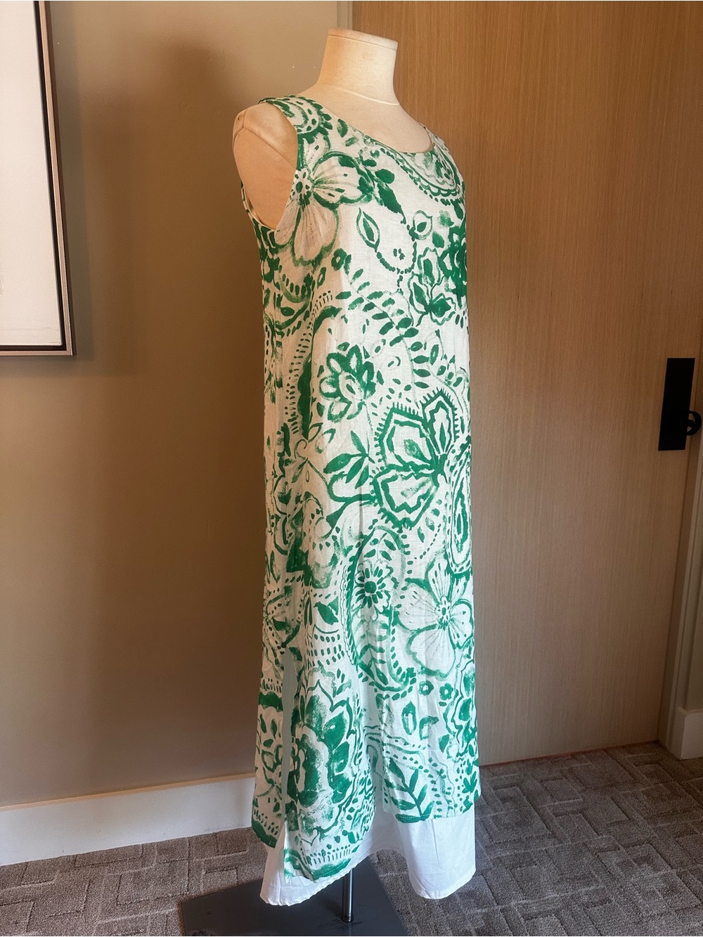Sleeveless White Maxi Dress with Green Floral Print
